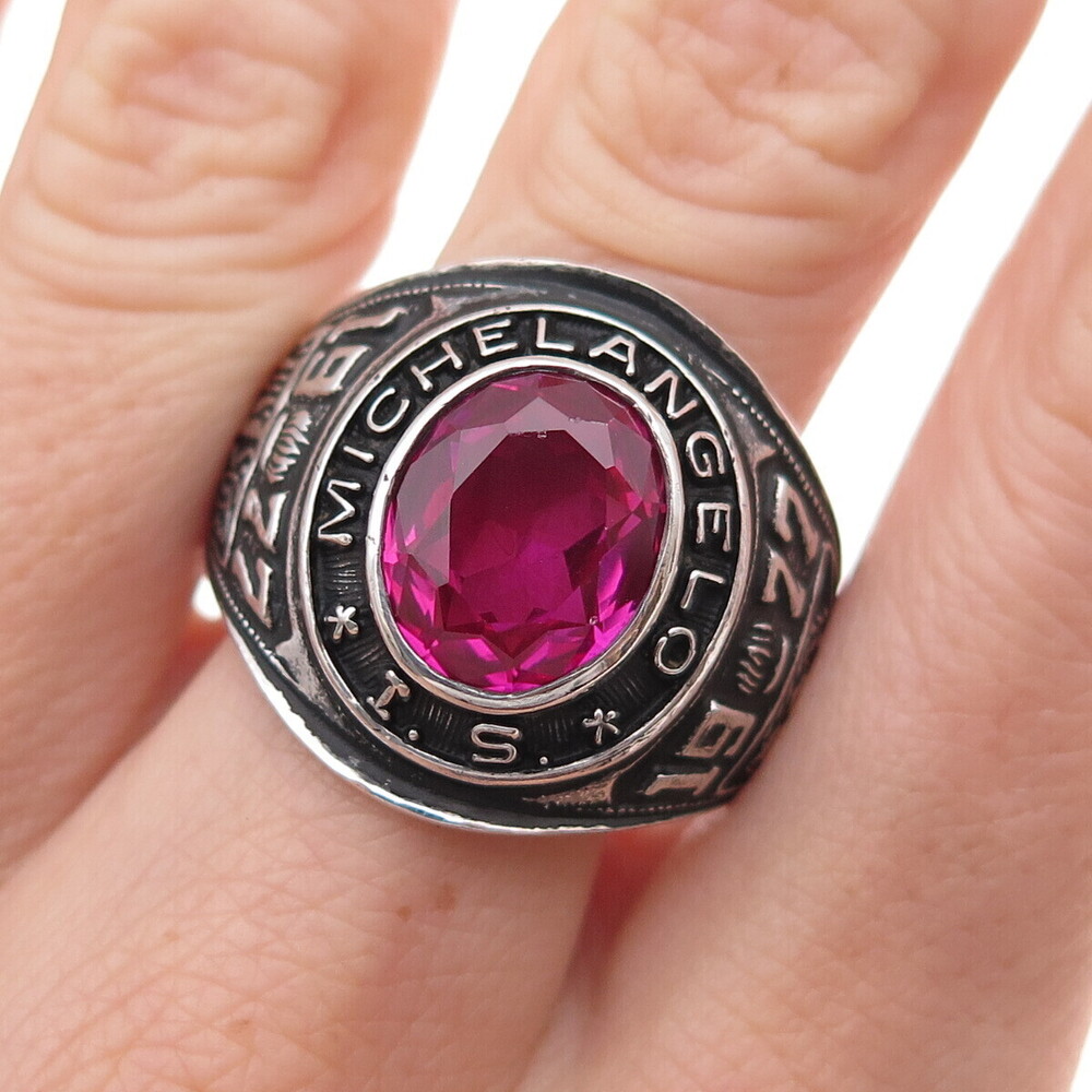 Reed & Co 925 Sterling Vintage 1977 Lab-Ruby Michelangelo School Ring Size 13.25